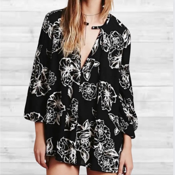 Free People Dresses & Skirts - Free People Black Tunic Dress with White Floral Print